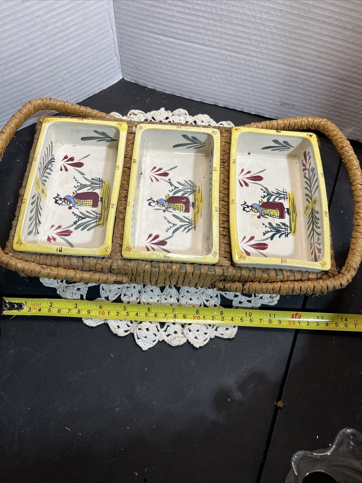 Vintage serving dish in basket three compartments wicker handpainted