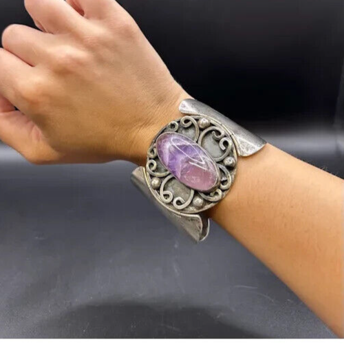 Vintage Hecho Mexico Sterling Silver 925 Amethyst Native Cuff Bracelet