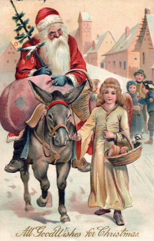 All Good Wishes For Christmas Santa on Donkey with Children Santa Postcard