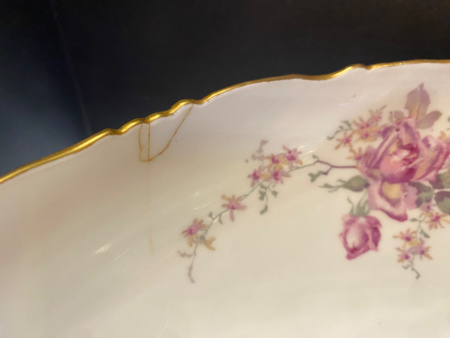 T & V Limoges  France 14" Punch Bowl Floral with green and gold