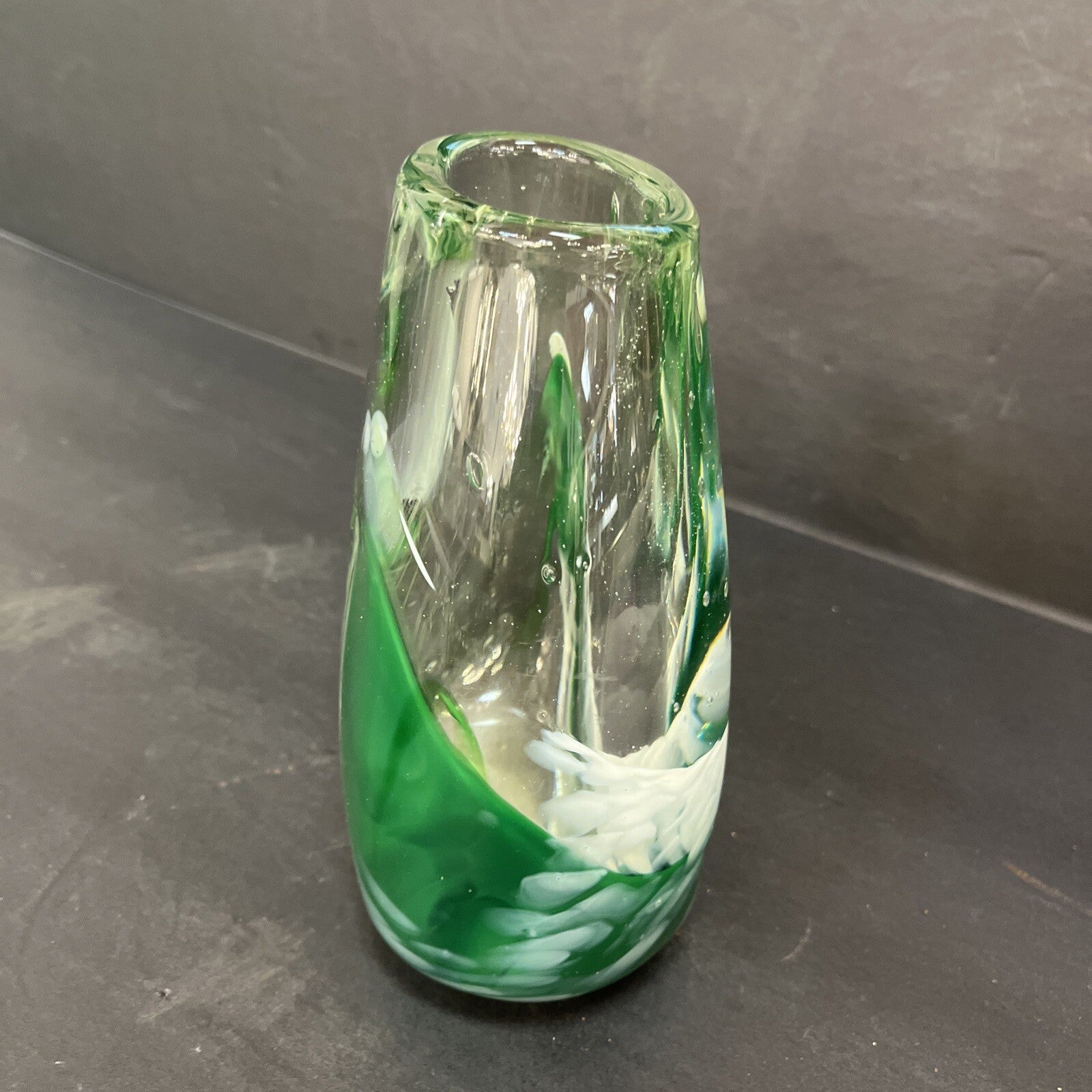 Italian Murano Art Glass Vase, 7" Green/white Hand Blown