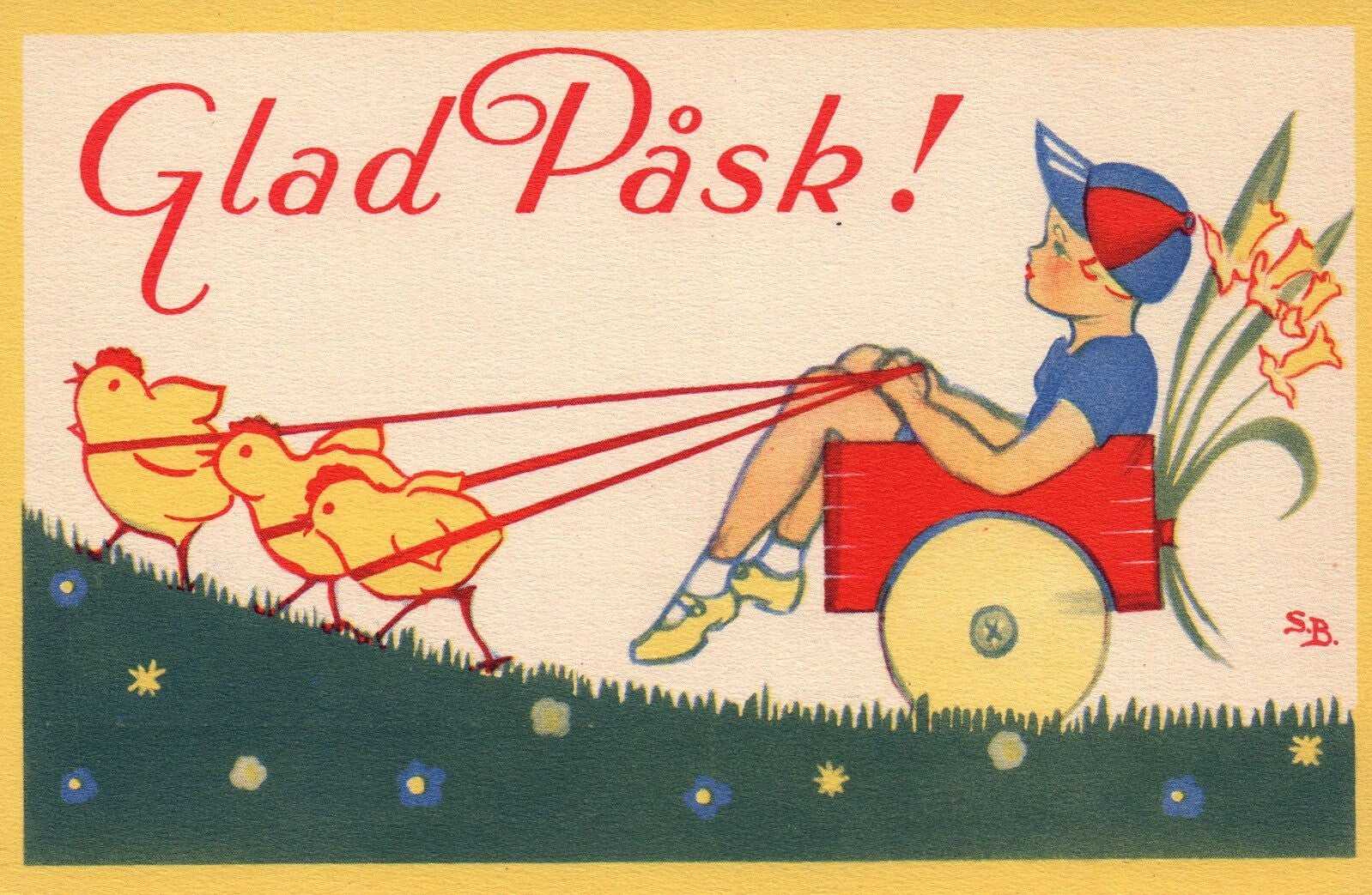 Glad Pask Boy Chicks pull cart Signed S B Sweden Artist