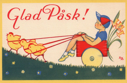 Glad Pask Boy Chicks pull cart Signed S B Sweden Artist
