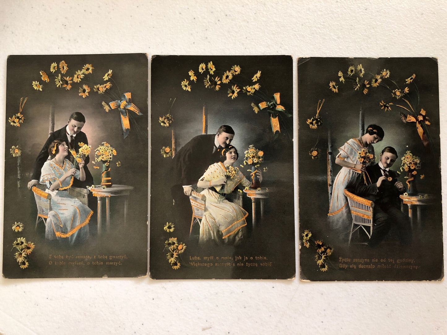Lot of 3 Real Photo Romantic Love Gold Gilt German Couple Flowers Series 3337
