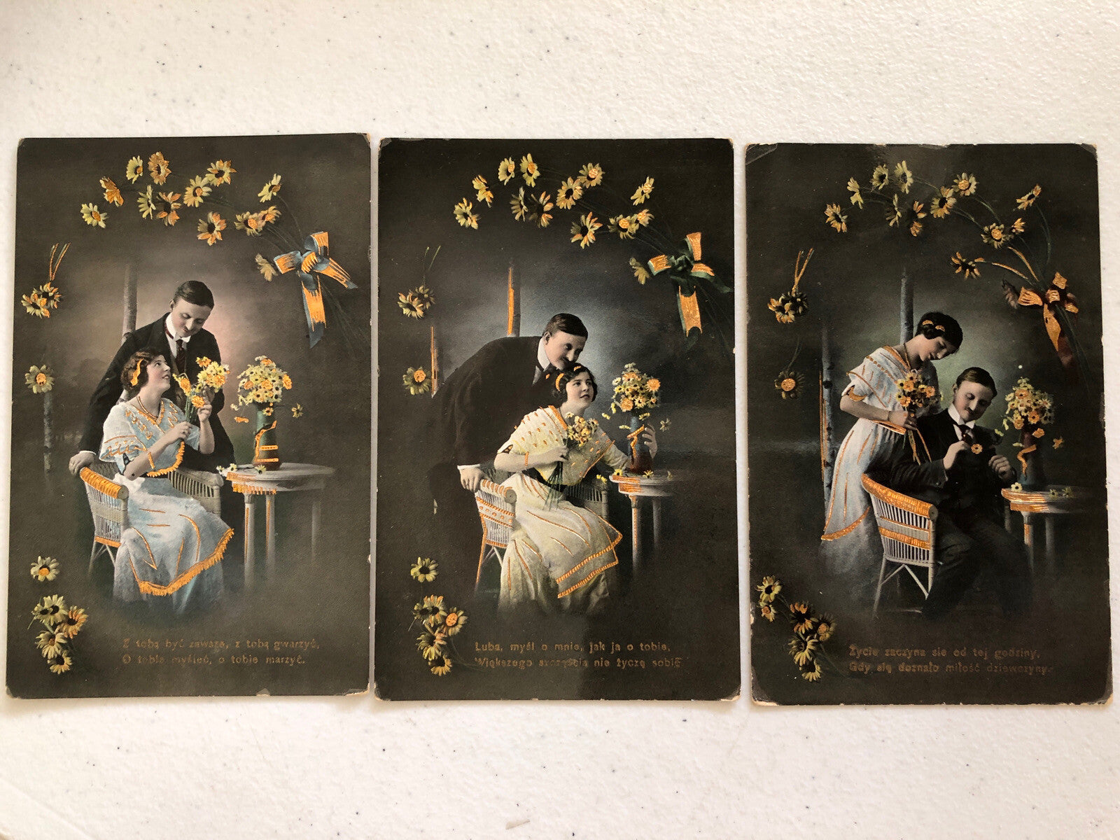 Lot of 3 Real Photo Romantic Love Gold Gilt German Couple Flowers Series 3337