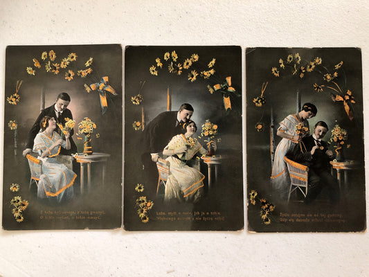 Lot of 3 Real Photo Romantic Love Gold Gilt German Couple Flowers Series 3337