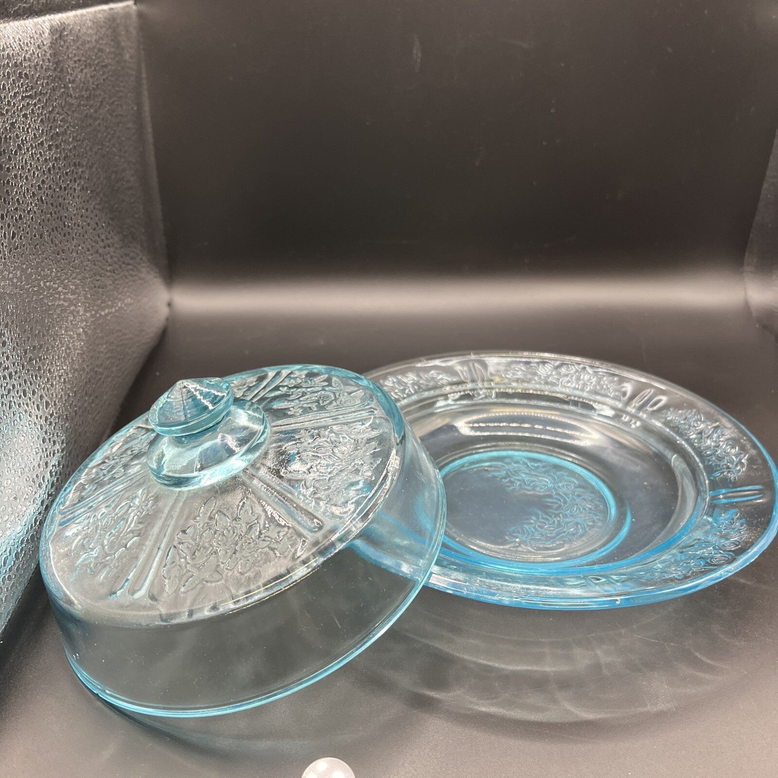 Federal Glass CABBAGE ROSE Sharon BLUE or AQUA BUTTER or CHEESE DISH with Cover