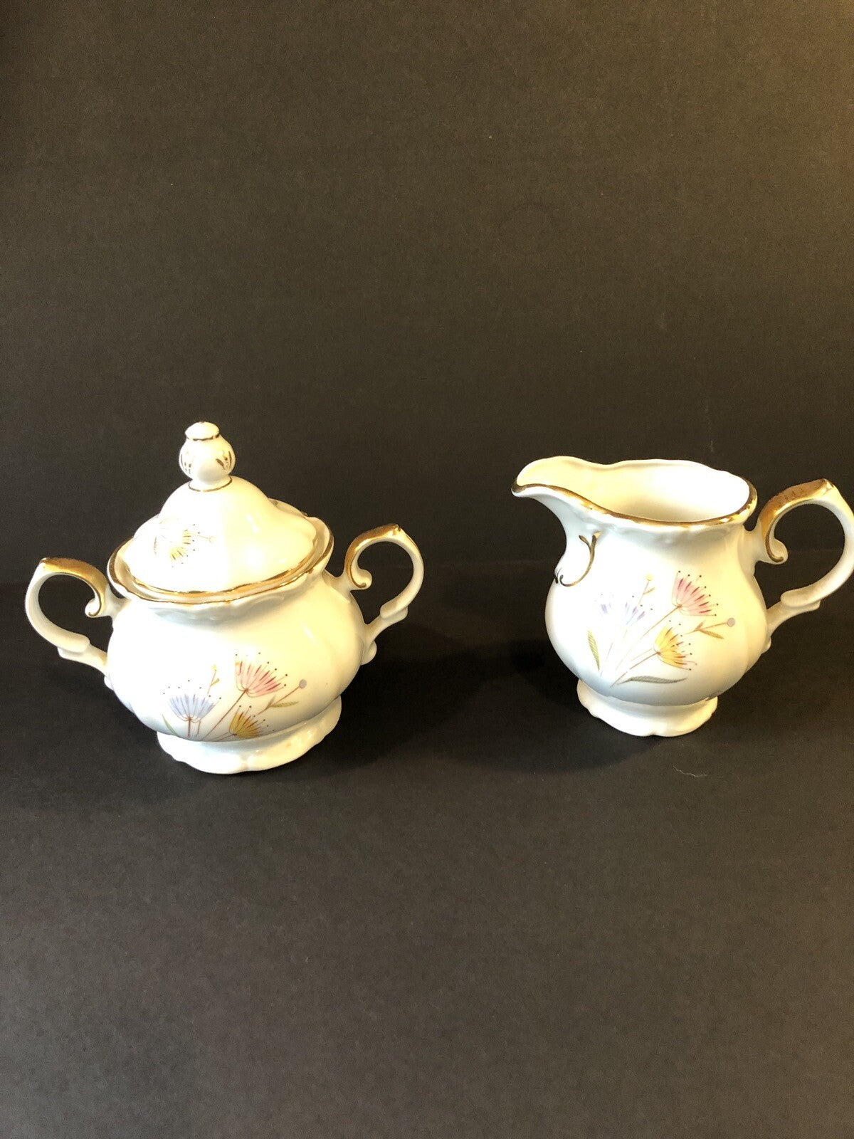 Creamer and Sugar Bowl Dishware Floral Design with gold color trim