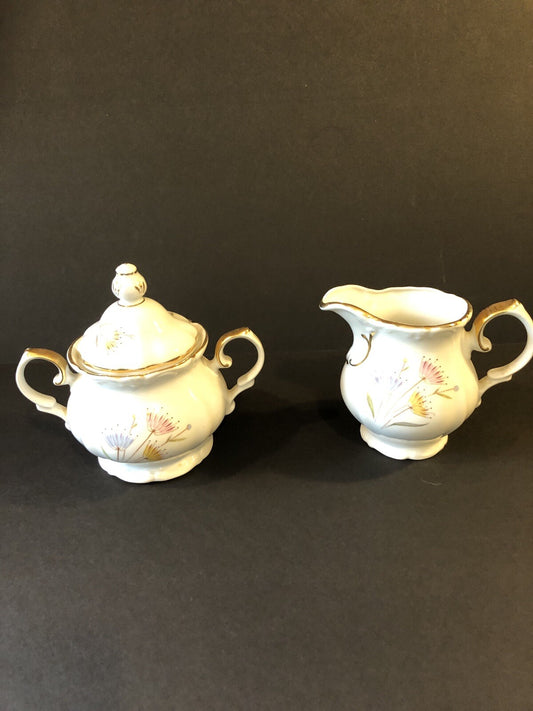 Creamer and Sugar Bowl Dishware Floral Design with gold color trim