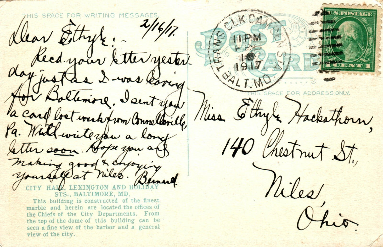 City Hall Lexington and Holiday Sts Baltimore MD Maryland Postcard