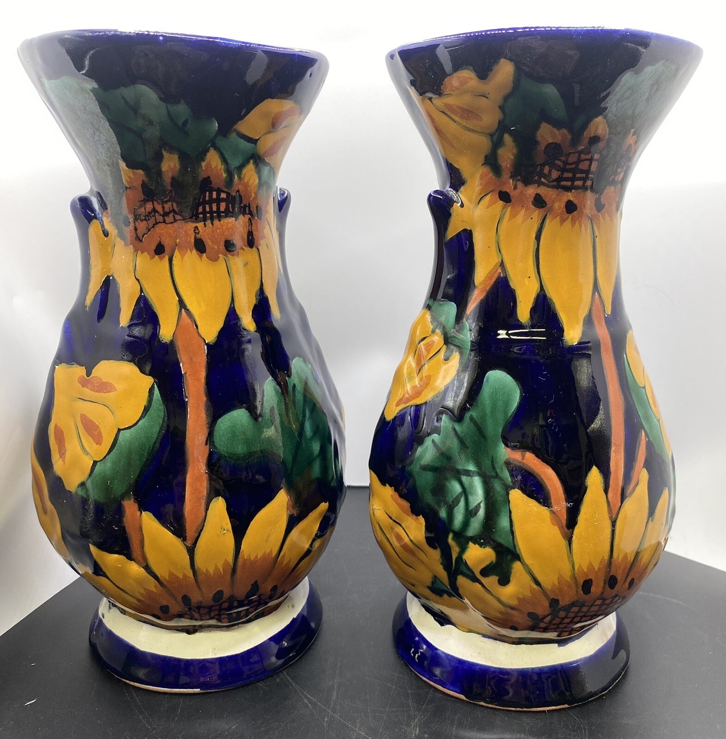 vintage Terracotta Pottery Pair of Vases Mexican Talavera 1980's Sunflower