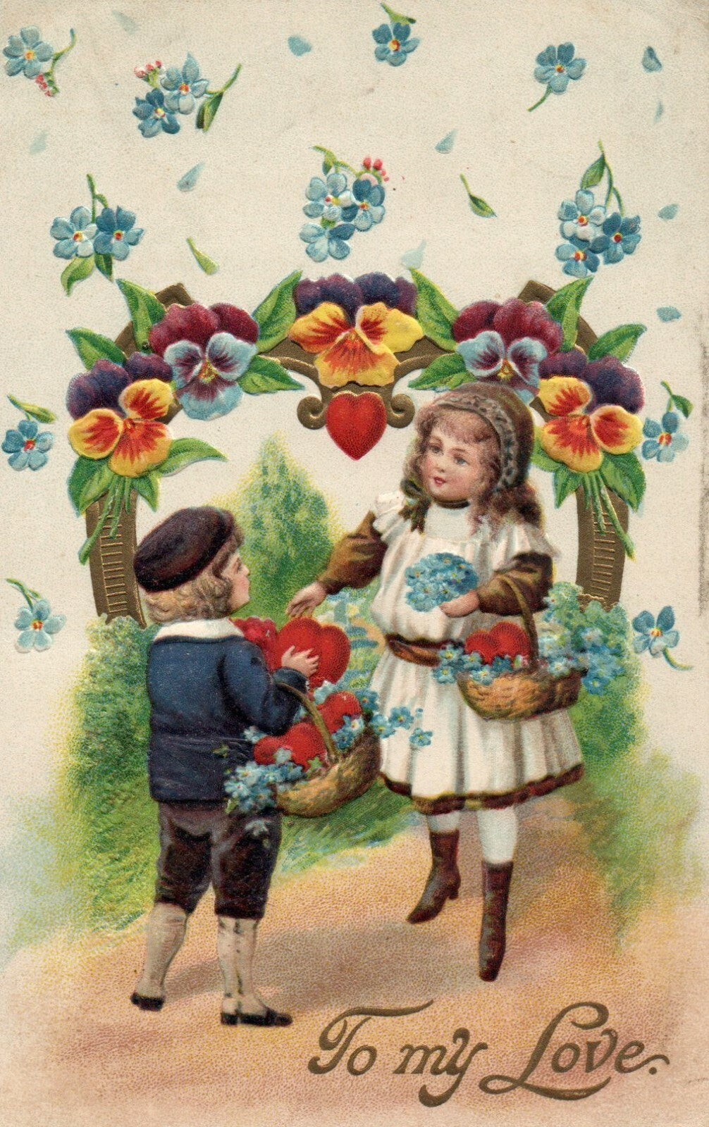 Boy Handing Over Heart To Young Girl Flower Garden To My Love Valentine Postcard