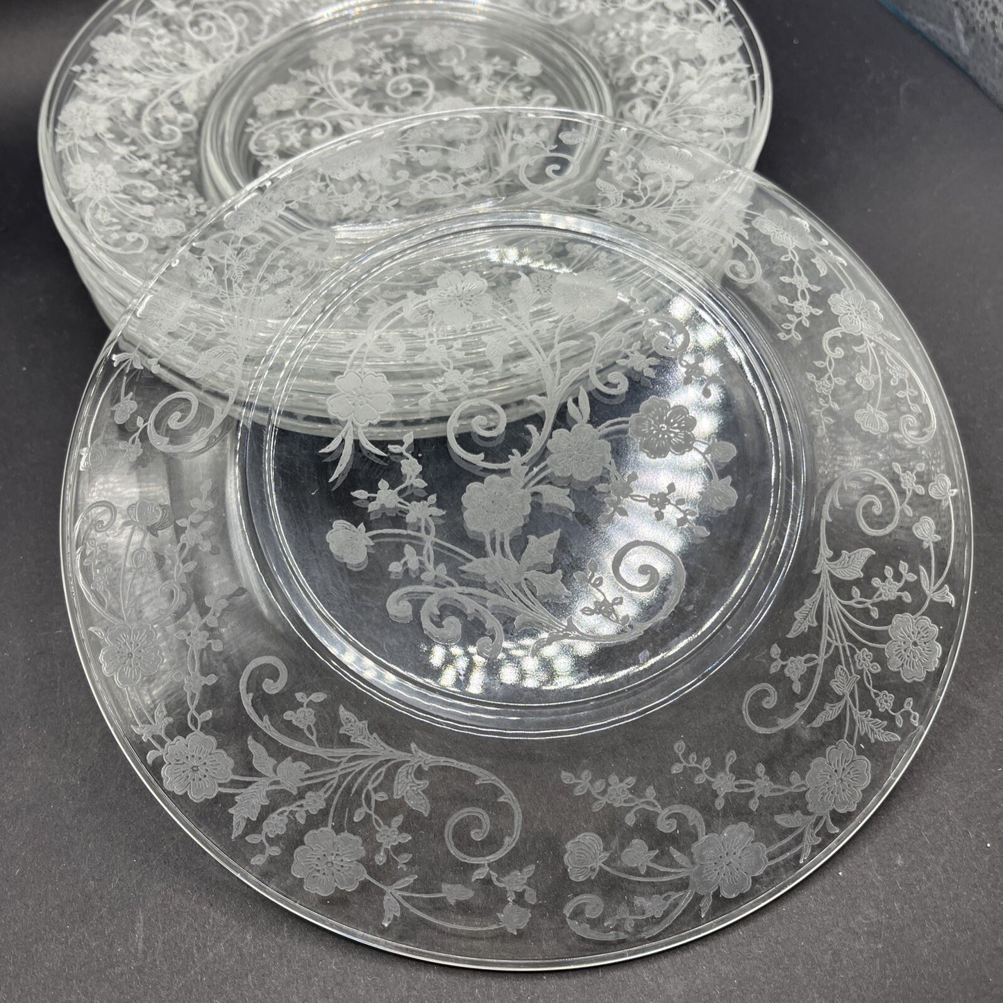 Vintage Fostoria Etched Buttercup Pattern c1942 Set of 8 Salad Plates 7 1/2" w