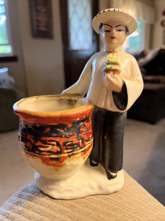 Vintage Asian Man Figurine Planter Hand Painted in Occupied Japan