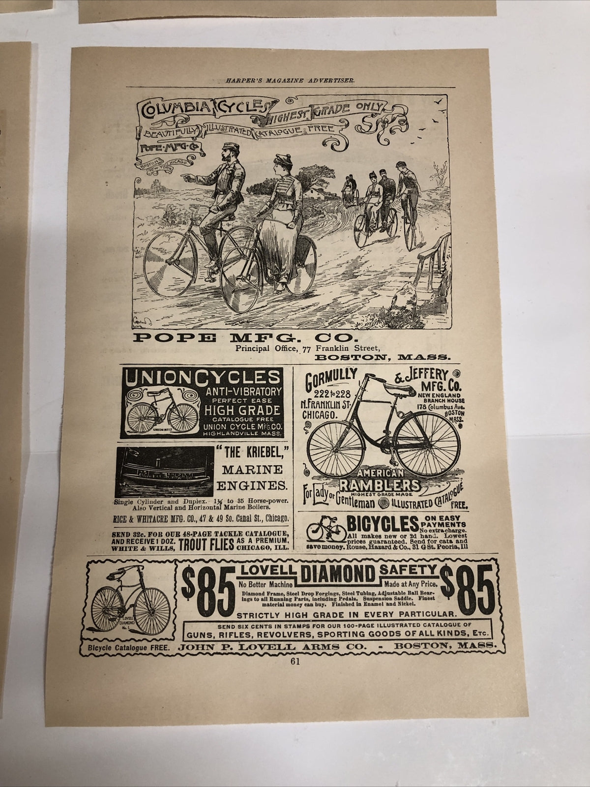 1891 Harpers Magazine Advertisements Ads Bicycles Set of 4