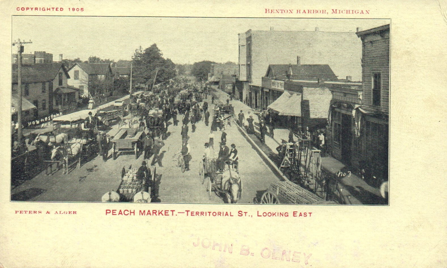 Peach Market Territorial St. Looking East in Benton Harbor Michigan MI Postcard