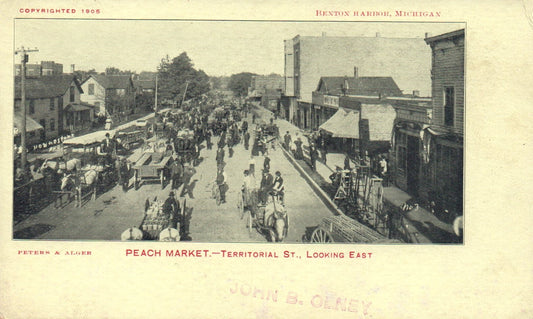 Peach Market Territorial St. Looking East in Benton Harbor Michigan MI Postcard