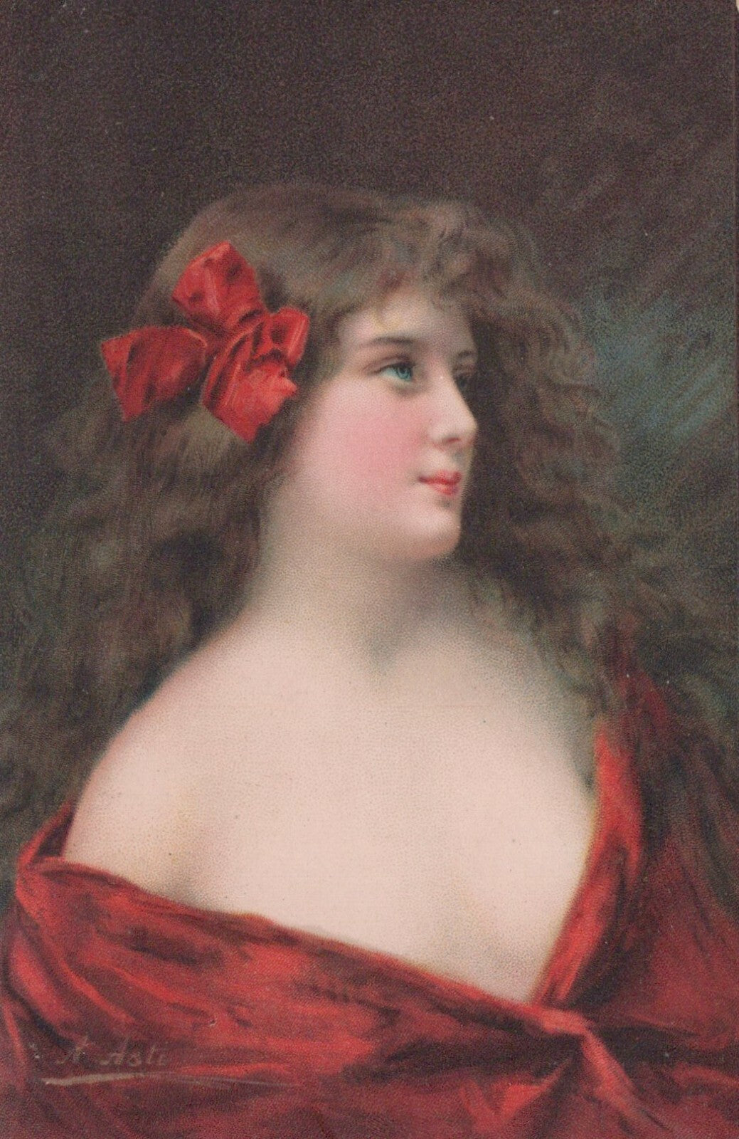 Artist Signed A Asti Pretty Lady with Red Bow in Hair and Shawl Serie 505 No 6