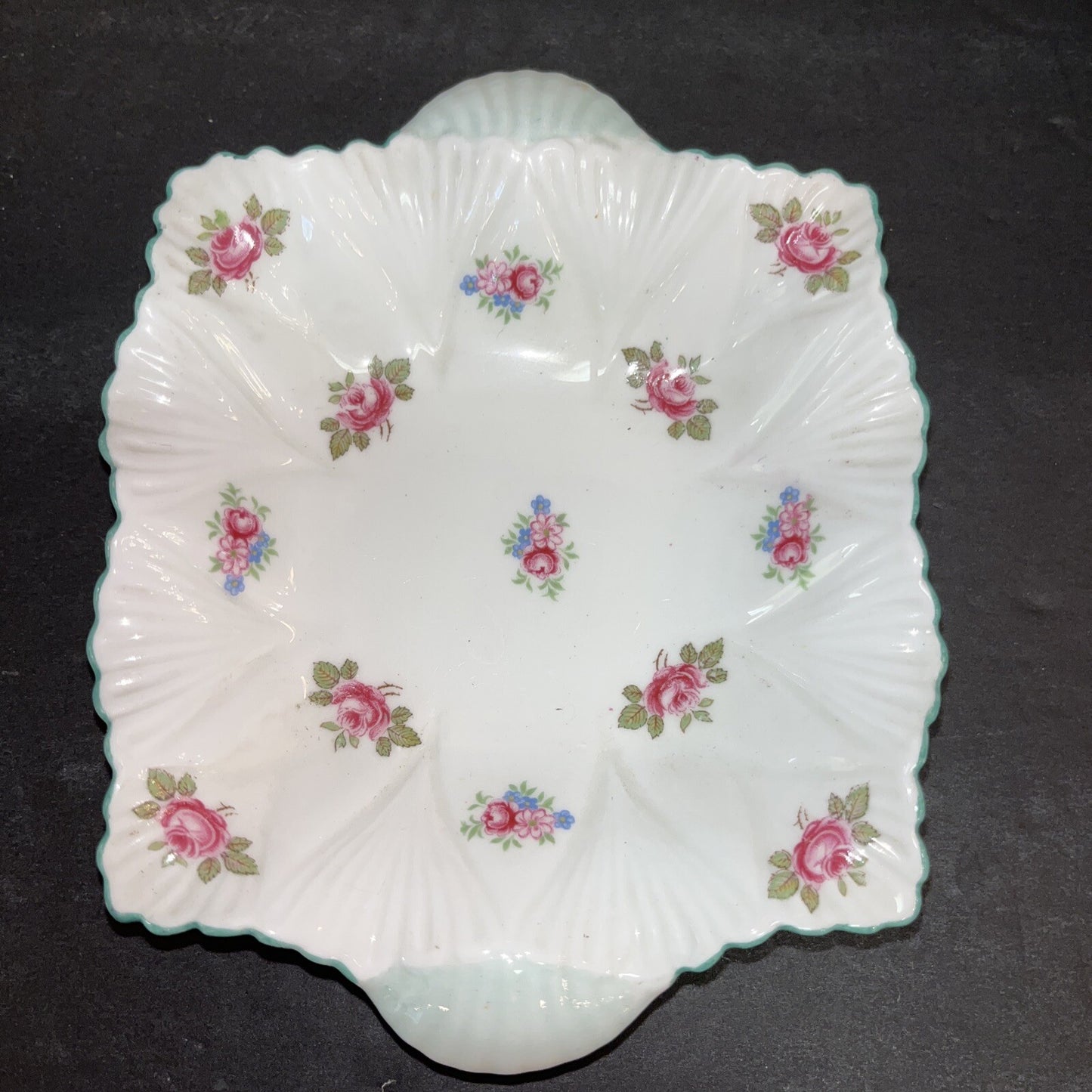 Shelley England Pink/sage Green Floral Bone China Trinket Dish  or Pin Tray
