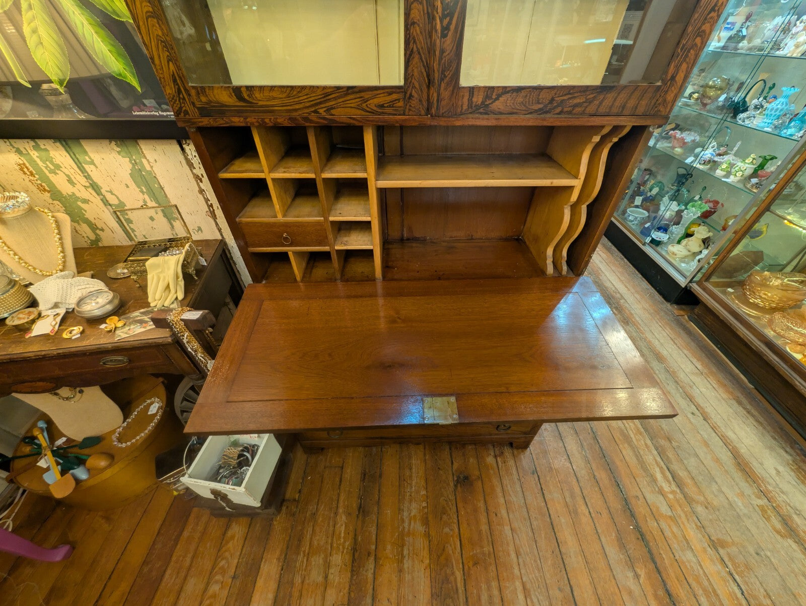 Victorian Antique Rosewood Grained Walnut Secretary Desk & Bookcase