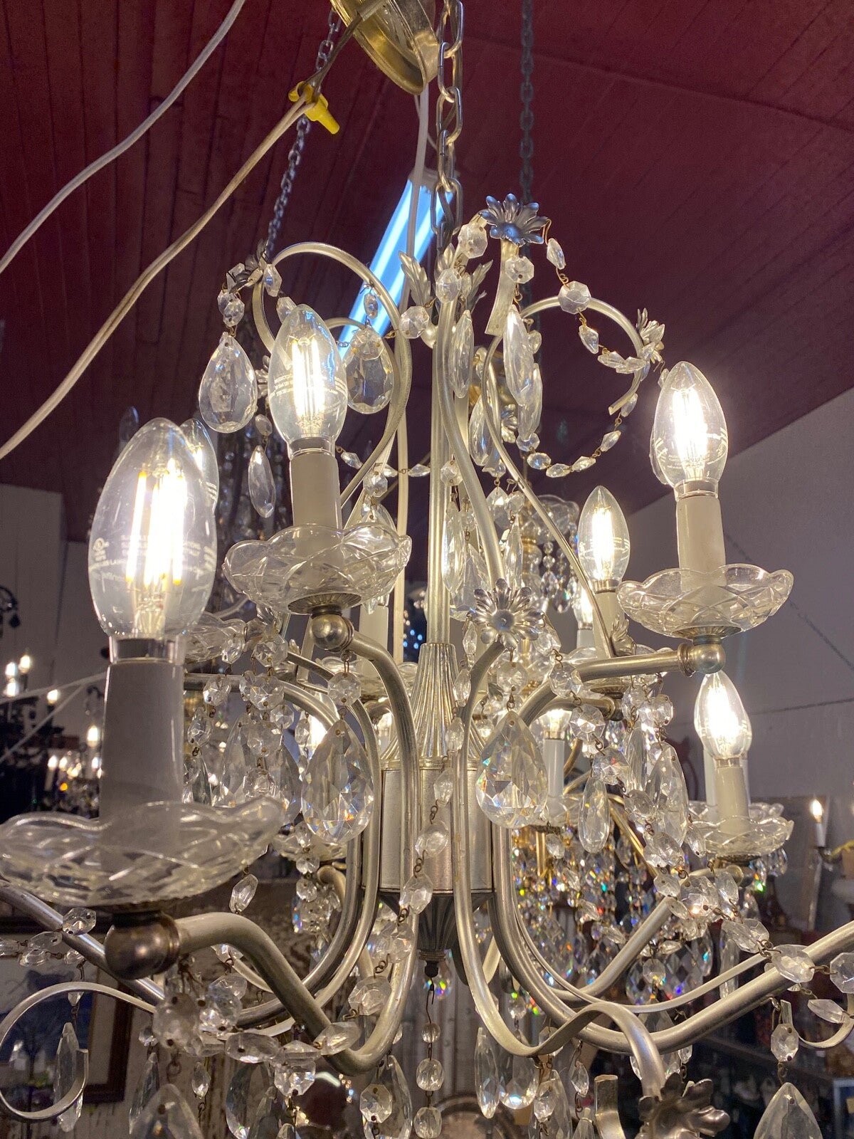 1950s mid century 10 arm silver and crystal chandelier 