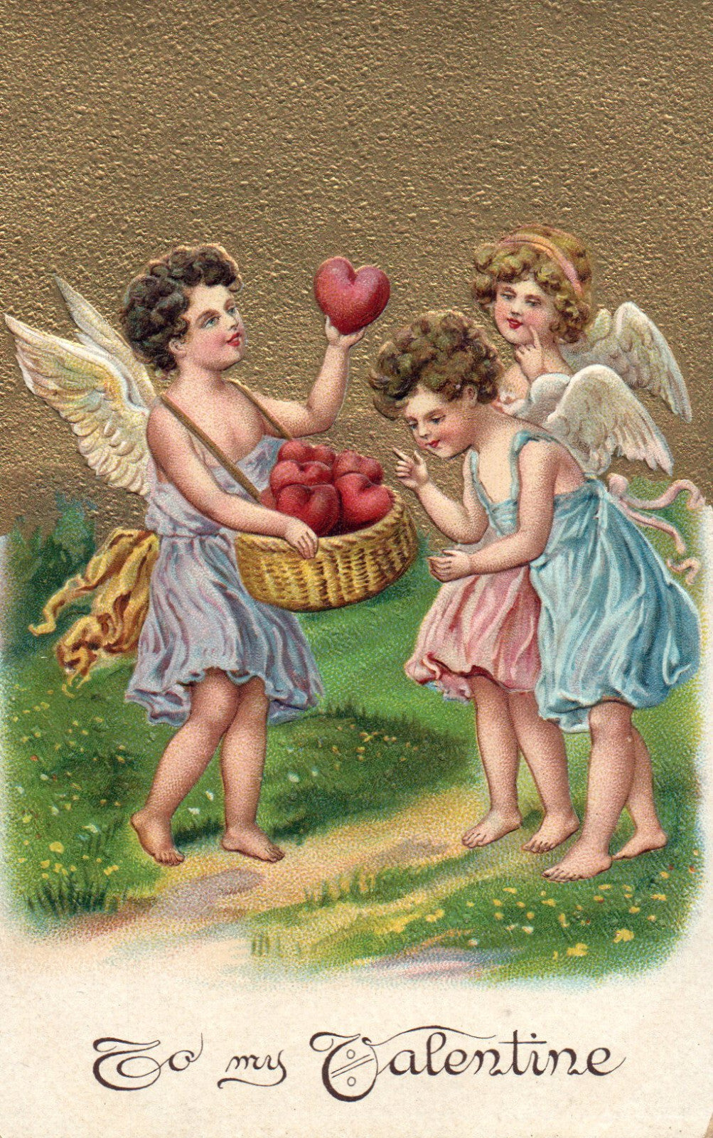 Stunning 100 year old Vintage Valentine with Cupids and Hearts Gold 624 Series