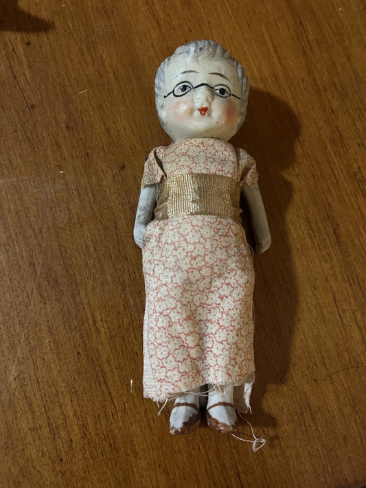 VINTAGE 4" ALL BISQUE GRANDMA DOLL -PAINTED GLASSES- JAPAN