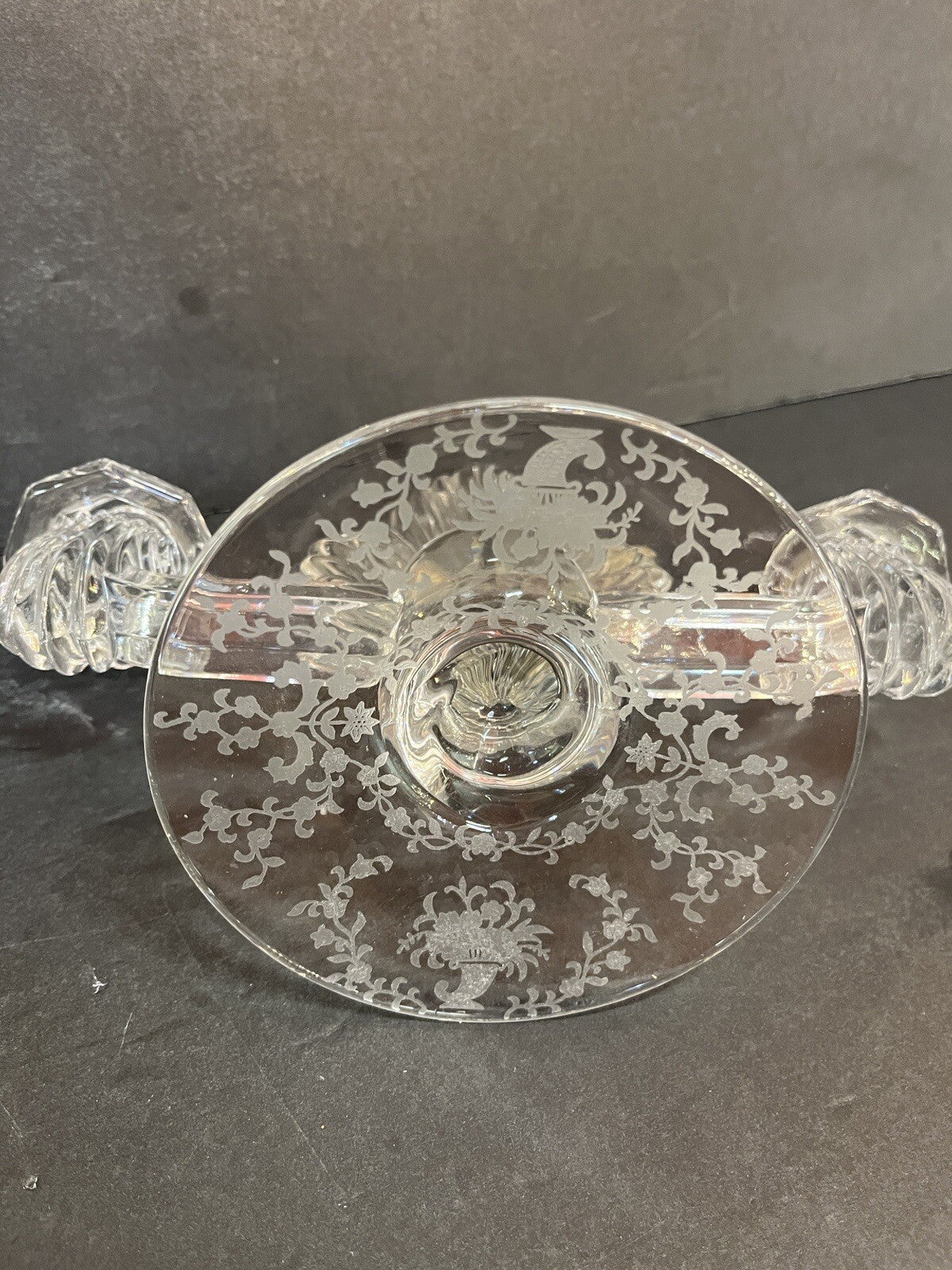 VTG art deco FOSTORIA double flame lido CRYSTAL Candleholder w/etched base (2)