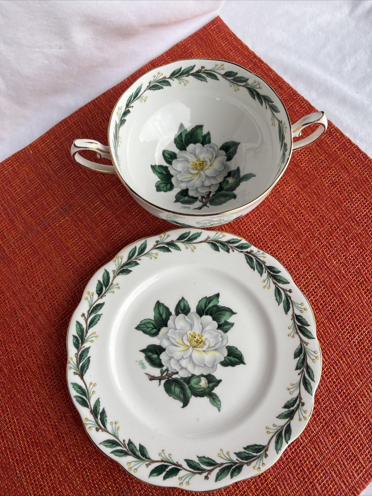 Royal Albert Lady Clare Two Handle Soup Bowl And Plate Gold Trim