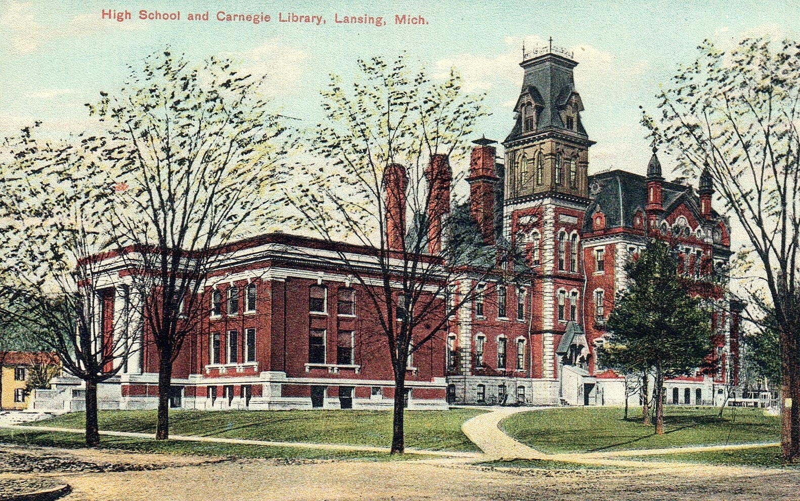 High School and Carnegie Library Lansing MI Michigan Mich Postcard