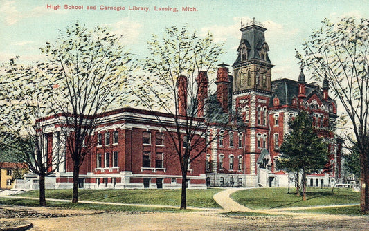 High School and Carnegie Library Lansing MI Michigan Mich Postcard