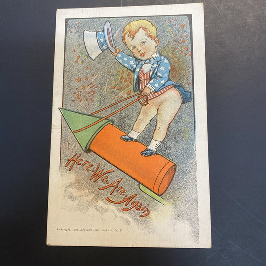 Rare 1907 Fourth of July Patriotic Postcard Here We Go Again Uncle Sam Rocket