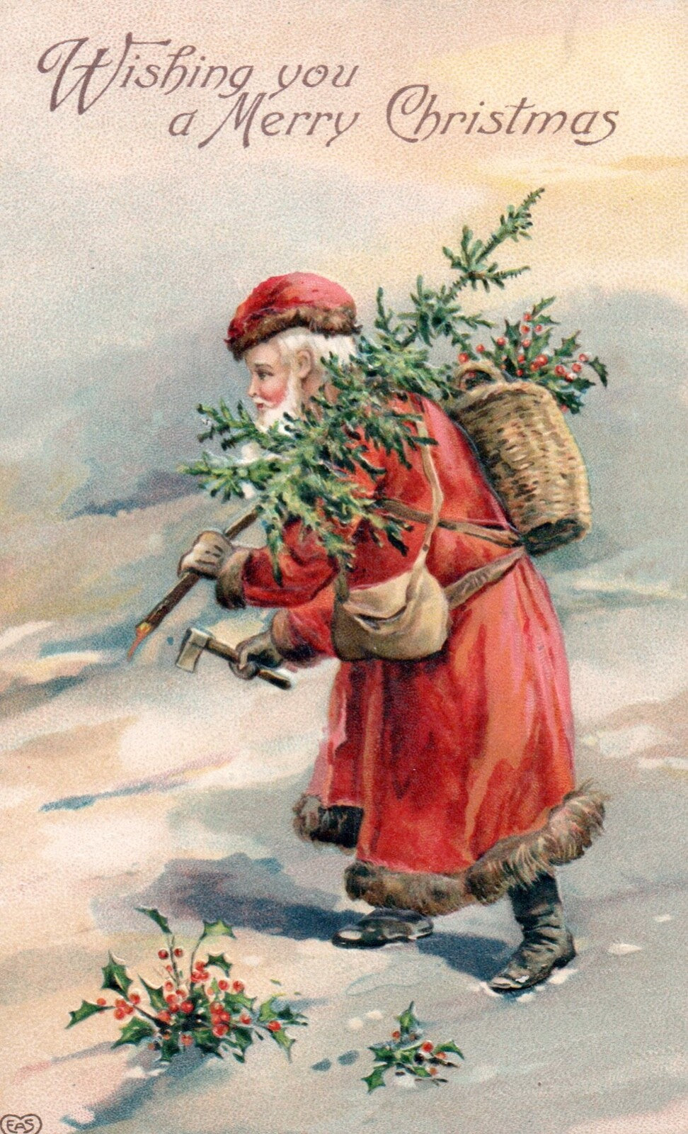 Wishing You a Merry Christmas Santa Cutting Tree & Holly Vintage Santa Postcard