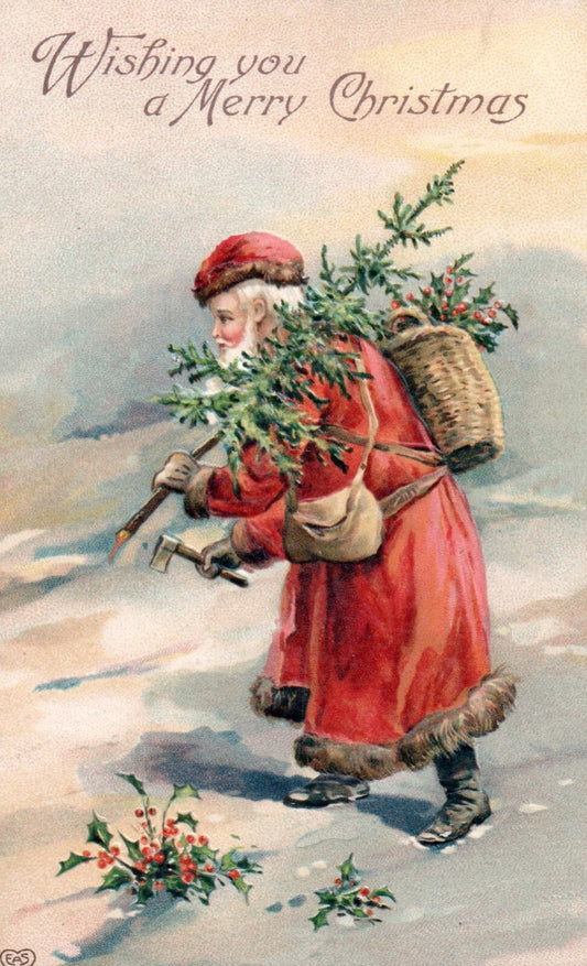 Wishing You a Merry Christmas Santa Cutting Tree & Holly Vintage Santa Postcard