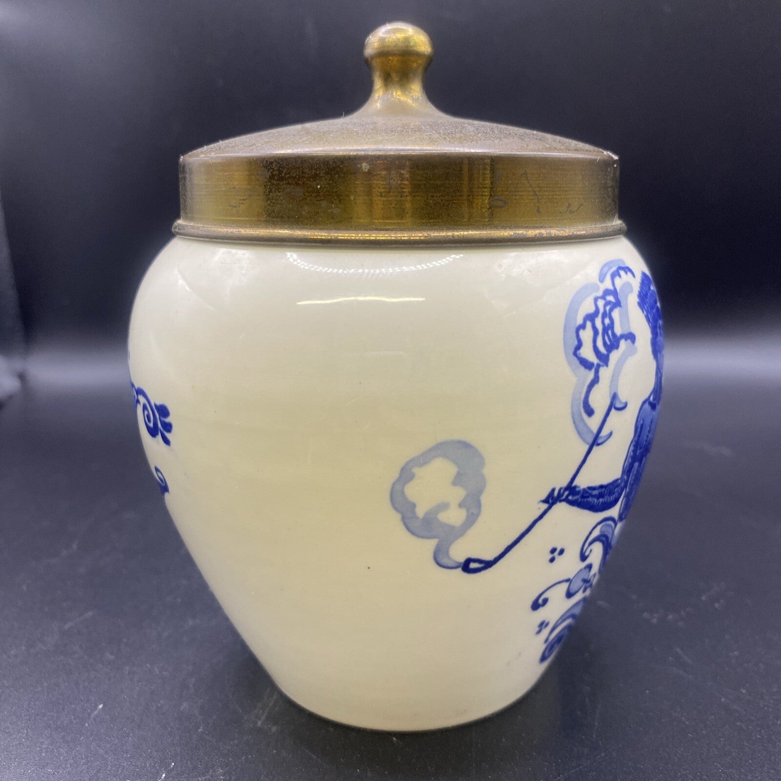 1900's ANTIQUE Little 5.25"  Dutch Delft Tobacco Jar GOEDEWAAGEN DELFTWARE LID