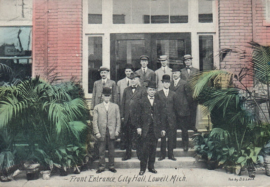 Front Entrance at City Hall in Lowell Michigan Mich MI Postcard