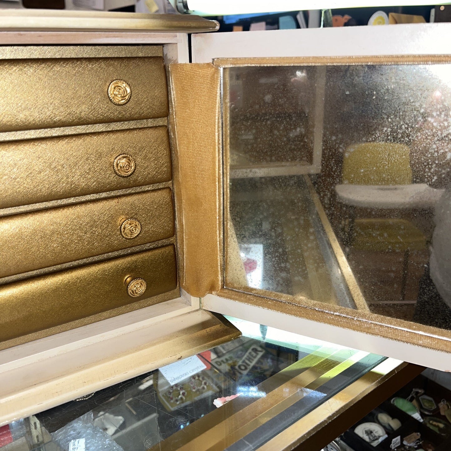 RARE VTG Gold Hollywood Regency Style Mirrors,4 Drawer Velvet lined Jewelry Box