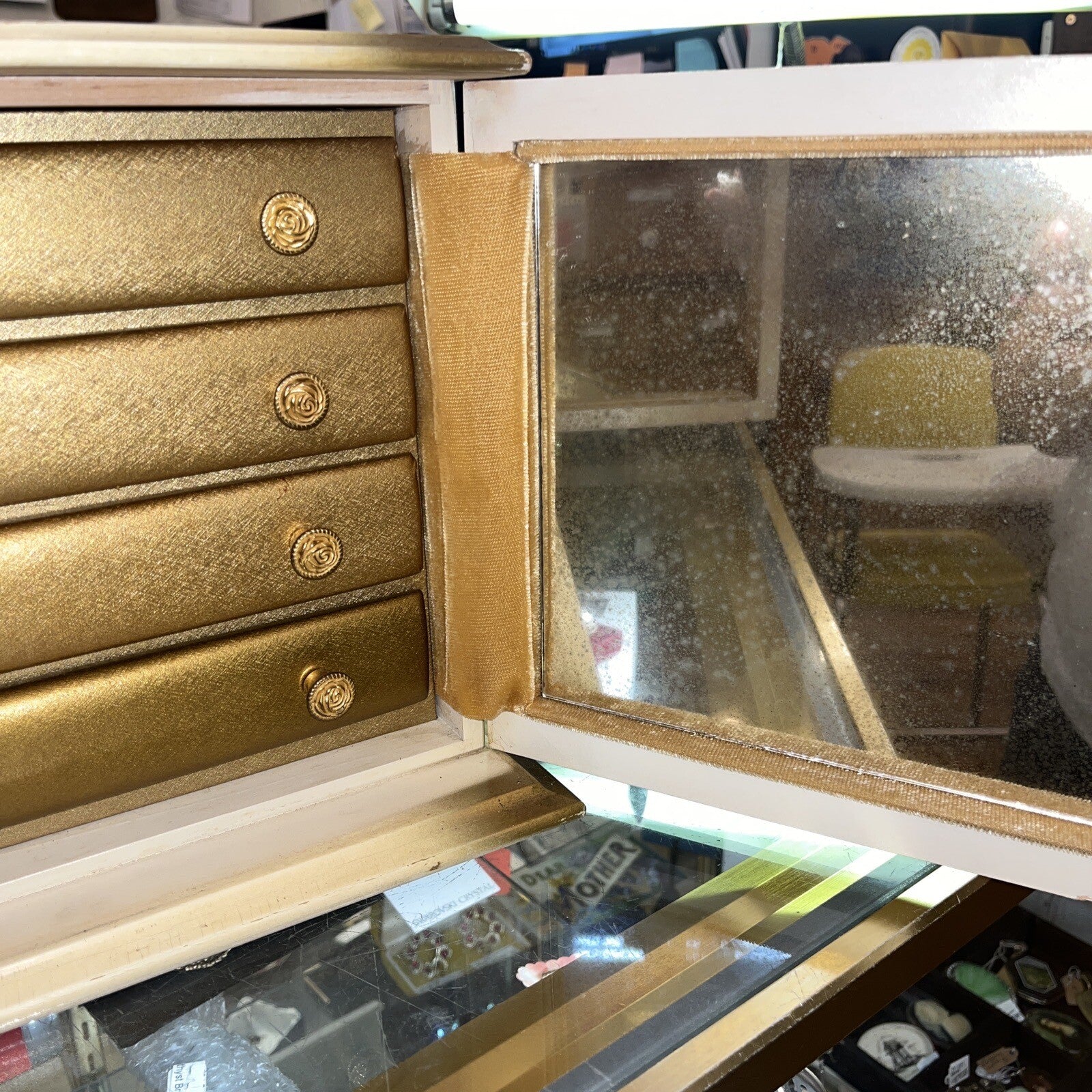 RARE VTG Gold Hollywood Regency Style Mirrors,4 Drawer Velvet lined Jewelry Box