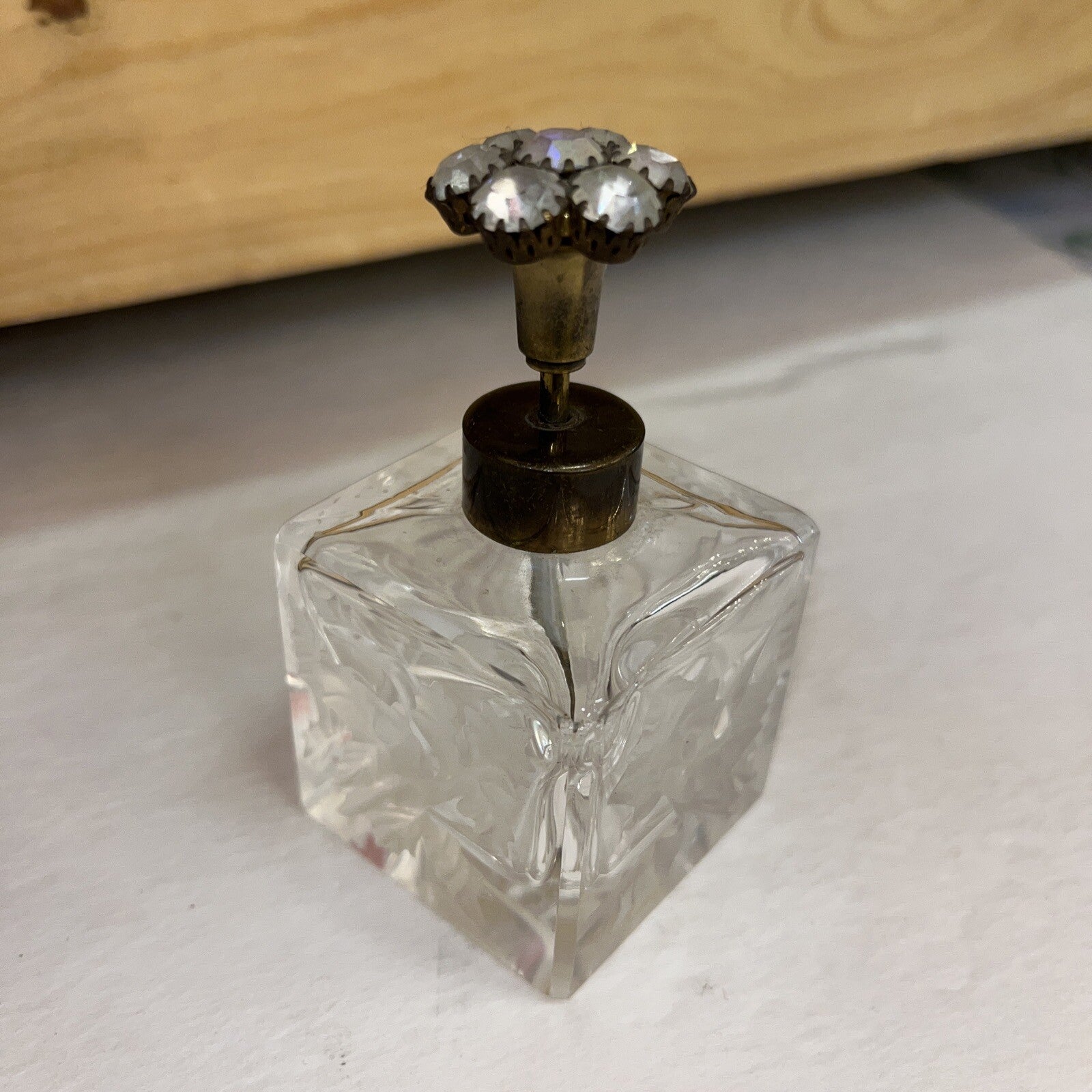 Perfume Bottle Vintage Art Glass, Floral Cut Glass Top, West Germany