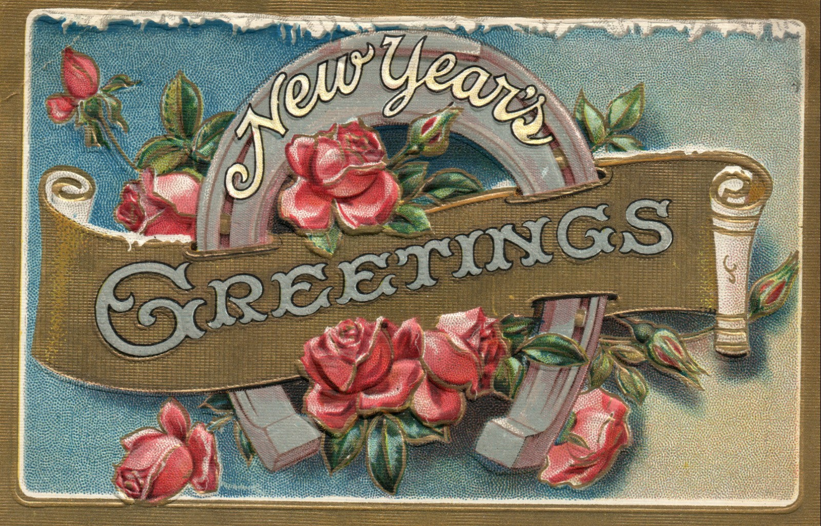 Silver Horse Shoe Pink Roses Gold Scroll Good Luck New Year Series 1 Postcard 