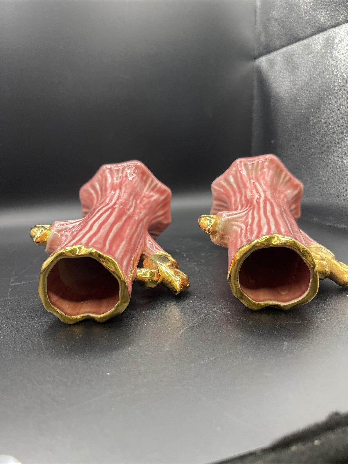 Vintage Pair Pink 22K Gold Holley Ross Squirrels in Tree Trunk Bud Vase 6" Tall