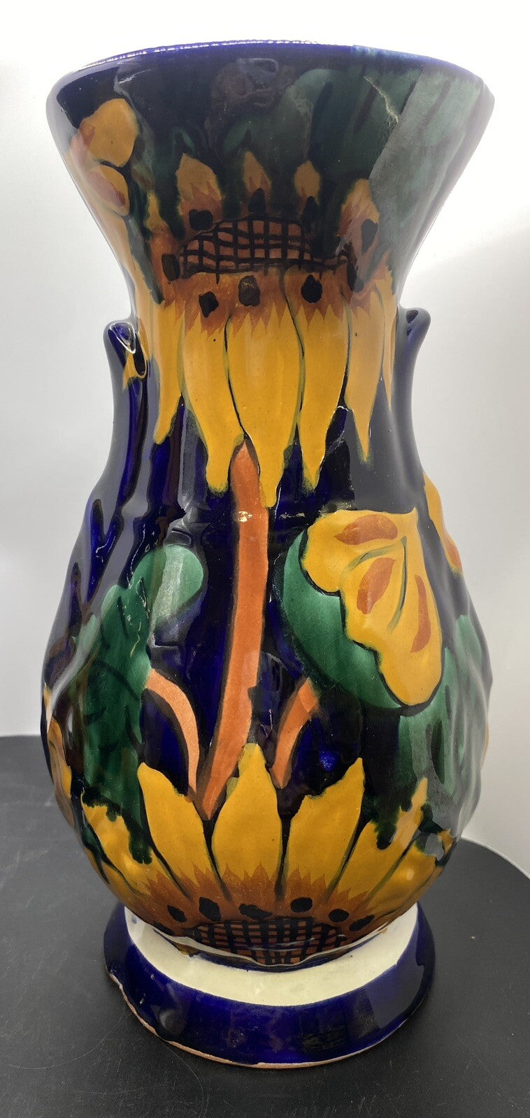 vintage Terracotta Pottery Pair of Vases Mexican Talavera 1980's Sunflower