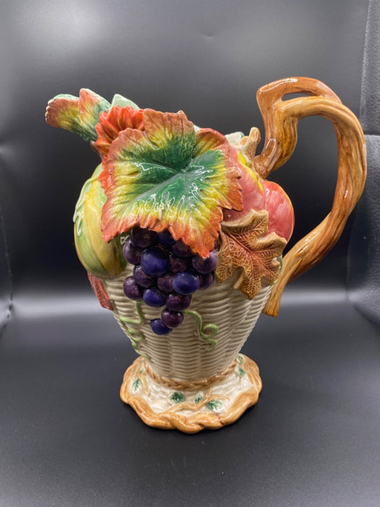 Vintage Fitz And Floyd Harvest Fall Ceramic Pumpkin Grapes Leaf Pitcher 1997