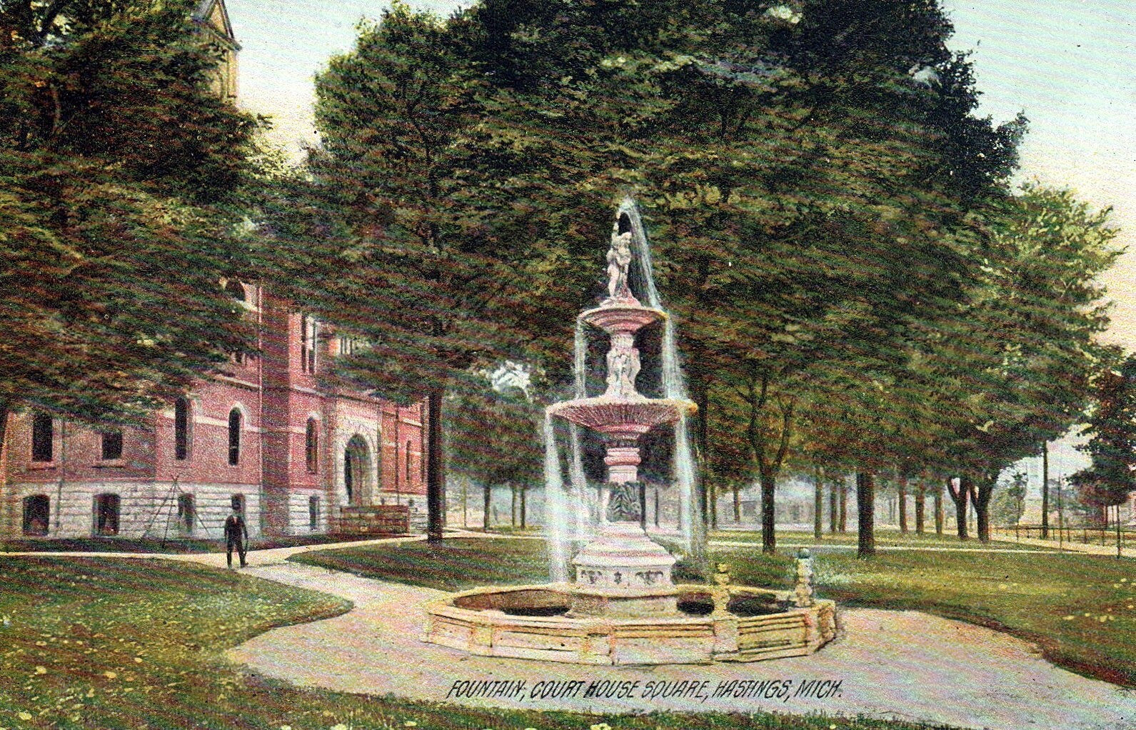 Fountain in Court House Square in Hastings Michigan MI Postcard