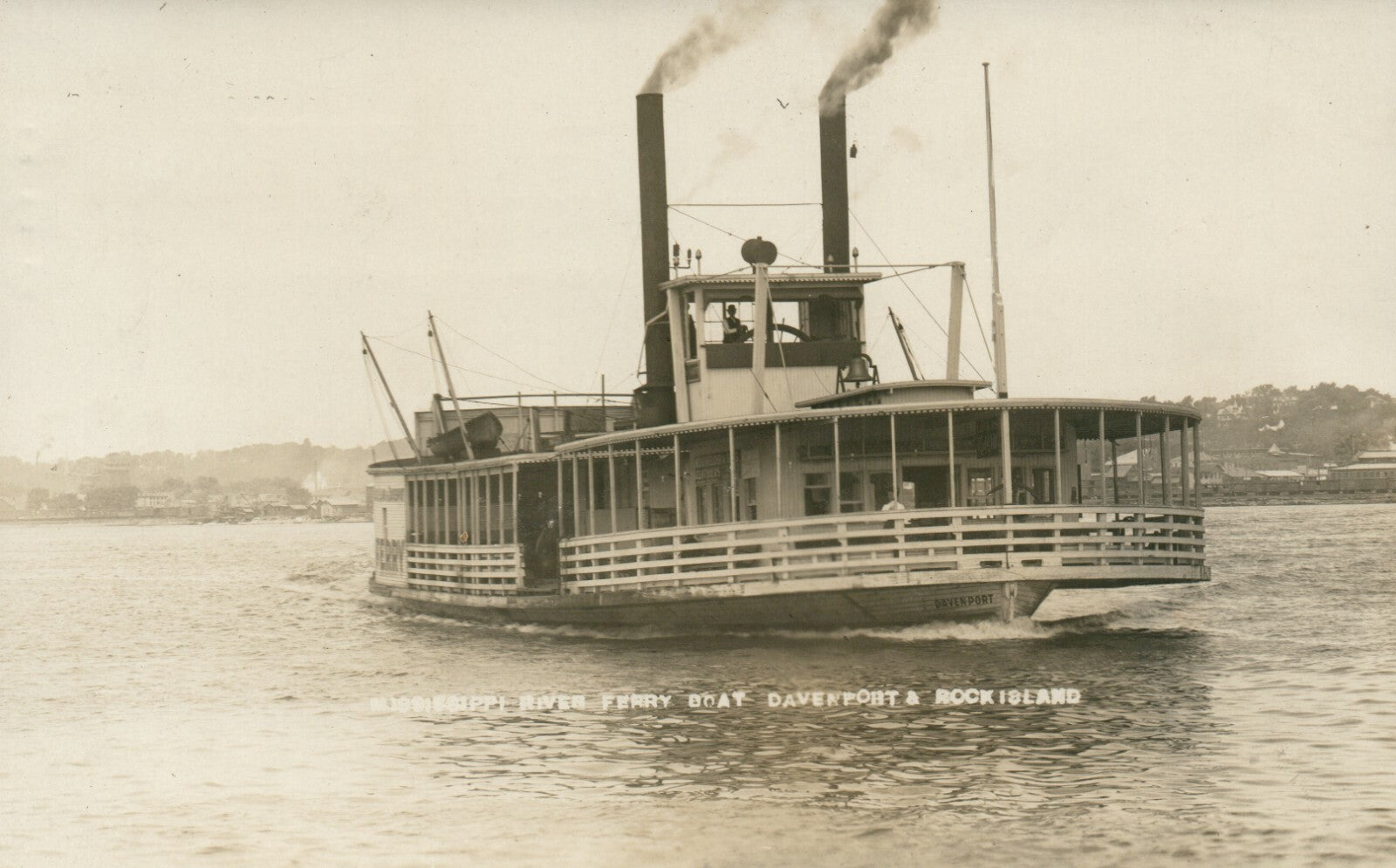 Real Photo Mississippi River Ferry Boat Davenport Rock Island IL Ship Postcard