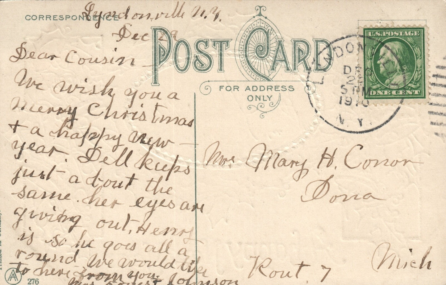 Gold Gilt Gel Embossed Scenic Holly New Year Vintage Postcard