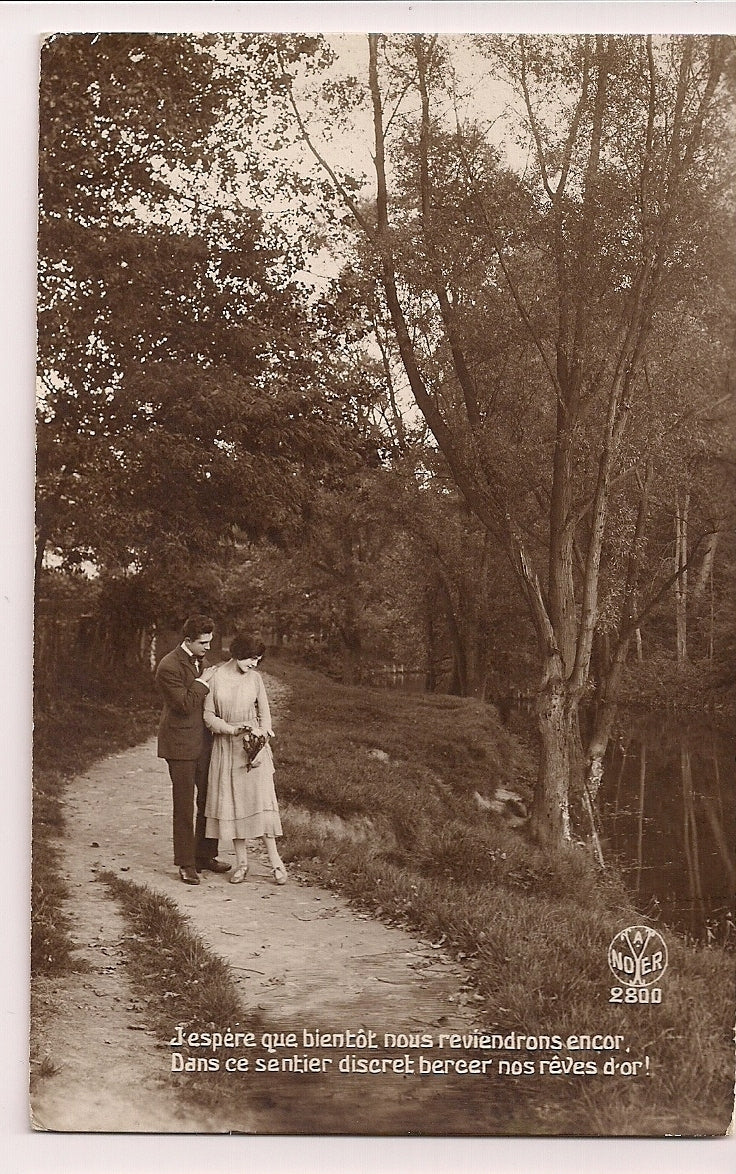 Real Photo Romantic A Noyer 2800 French Couple on path by water trees Postcard