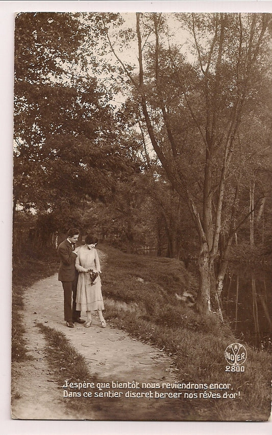 Real Photo Romantic A Noyer 2800 French Couple on path by water trees Postcard