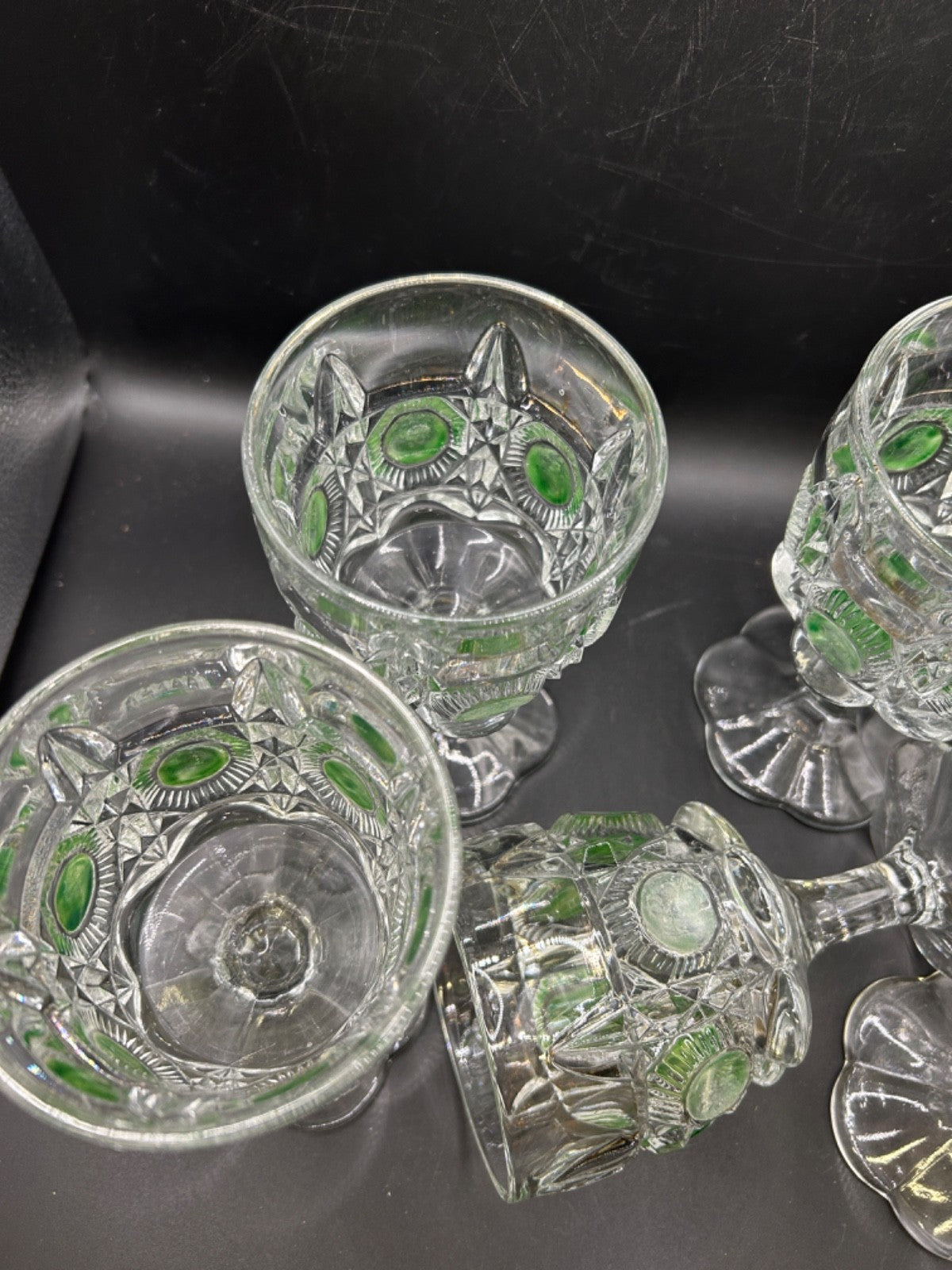 EAPG Newport 5X Goblets Glass Bull's Eye & Daisy Green Stain