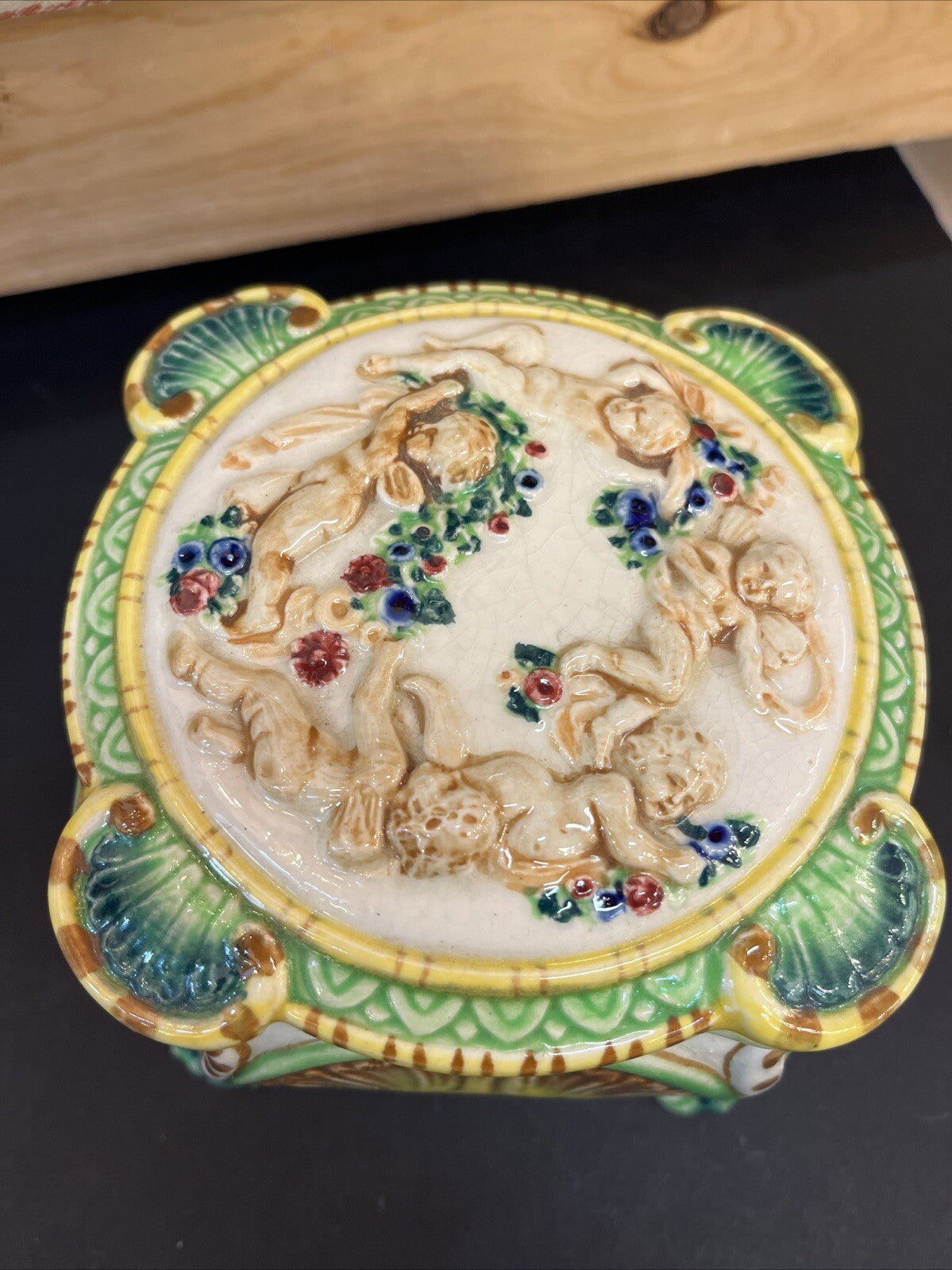 Vintage 50s Japanese Trinket Box Majolica Maruhon Ware Bonboniere Lidded Jewelry
